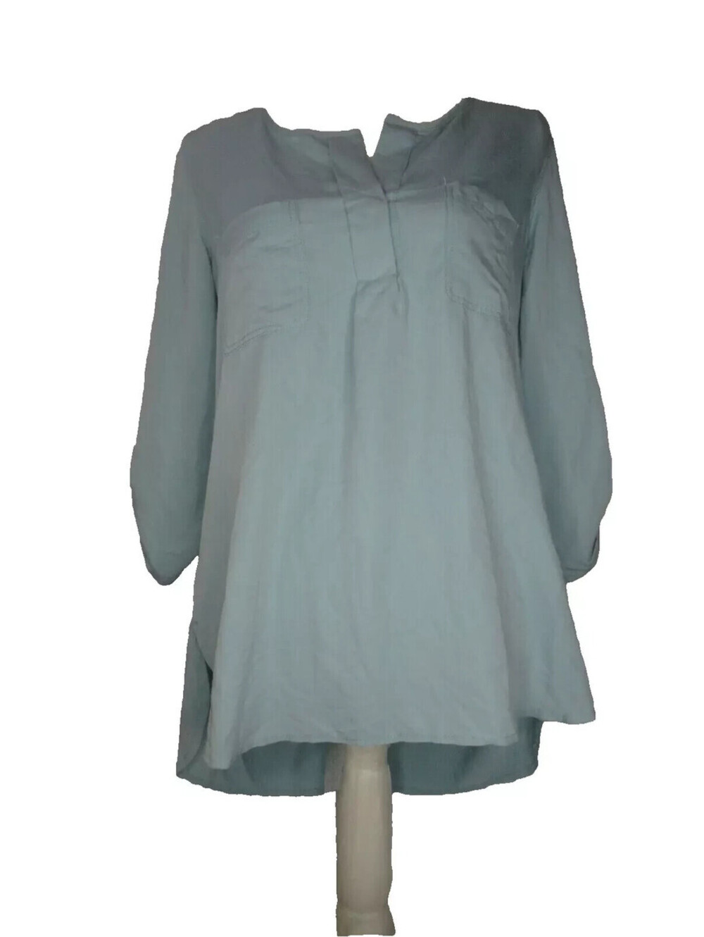 Studio M by Max Studio Womens Roll Tab Sleeve Button Up Blouse Soft Blue Size XS